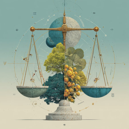 A captivating artwork showcasing the concept of balance and harmony through symbolic scales. Featuring vibrant nature, fruits, and celestial bodies, this illustration invites reflection on equilibrium in life. Ideal for creative projects.の素材