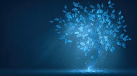 A stunning blue tree with luminous leaves stands out against a dark background, evoking a sense of magic and tranquility perfect for fantasy themes.の素材