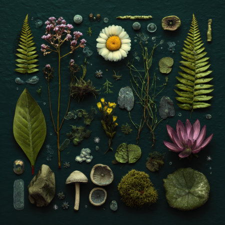 Captivating flatlay image showcasing an arrangement of natural elements such as flowers, leaves, stones, and mushrooms against a rich textured backdrop.の素材