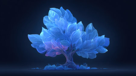 This stunning visual displays an ethereal blue tree with translucent leaves against a dark background, perfect for fantasy or nature-themed projects.の素材