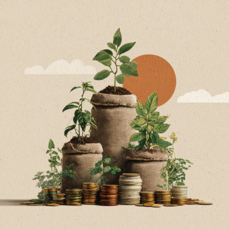 A creative representation of financial growth featuring burlap sacks with vibrant plants and coins, symbolizing a balanced relationship between nature and economy.の素材