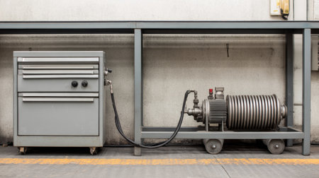 A detailed view of an industrial workbench featuring a compressor and tool storage, ideal for efficient workspace organization in a workshop setting.の素材