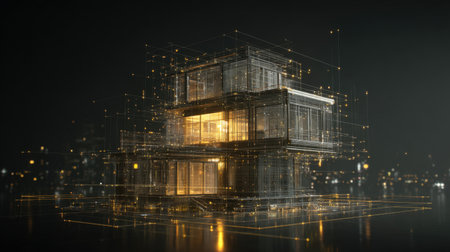 This stunning digital rendering showcases a futuristic 3D architectural model with a glowing mesh structure, set against a city night backdrop.の素材