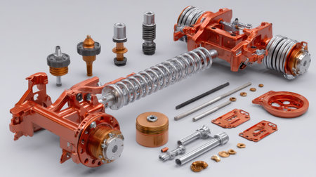 This image captures a vibrant assembly of mechanical components in stunning orange hues, highlighting precision engineering and intricate design elements.の素材