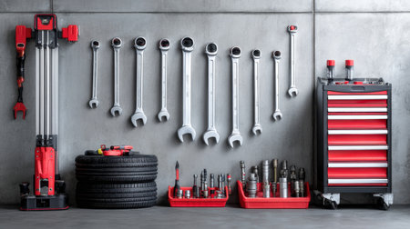 A well-organized garage featuring a variety of professional tools, including wrenches and a tire stack, showcasing an efficient workspace for automotive maintenance.の素材