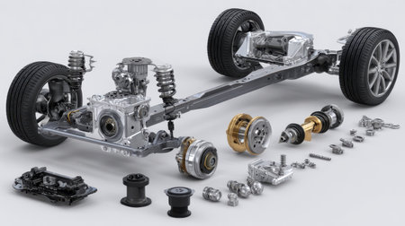 This image presents a detailed view of a car chassis and engine components, showcasing the intricate parts involved in automotive engineering and design.の素材