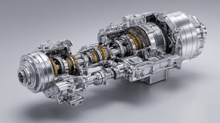 This image showcases a high-tech jet engine, highlighting intricate gear mechanisms and polished metal components. Ideal for aerospace themes.の素材