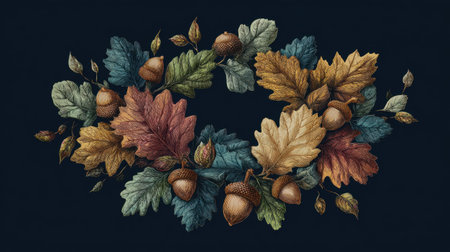 This detailed illustration features a wreath composed of autumn leaves and acorns, set against a dark background. Perfect for seasonal decor, nature themes, and artistic projects.の素材