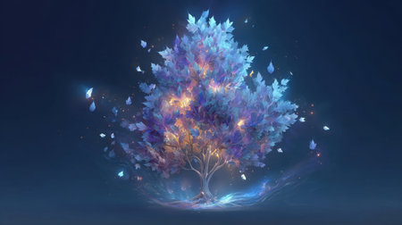 A stunning depiction of an enchanted tree surrounded by vibrant leaves and a magical glow, set in a serene and dreamy atmosphere. Ideal for fantasy themes.の素材
