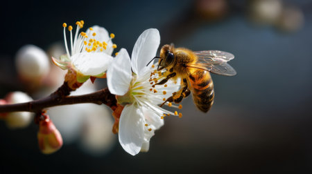 A beautiful honeybee is busy pollinating a delicate cherry blossom flower in soft natural light. This stunning macro shot captures the essence of spring and biodiversity.の素材