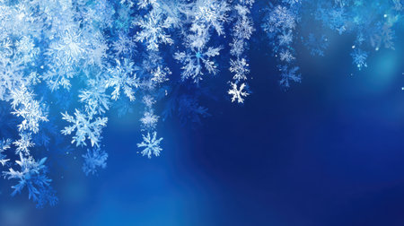 An enchanting blue winter background featuring delicate snowflakes cascading down, creating a serene and magical atmosphere perfect for festive themes.の素材