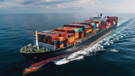 A large cargo ship loaded with colorful containers sails smoothly across calm ocean waters against a backdrop of blue skies and fluffy clouds.の素材