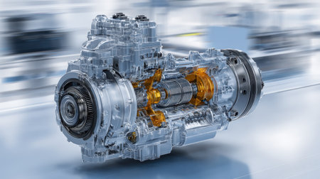 A detailed view of a transparent engine component showcasing intricate mechanisms and engineering design, ideal for educational and industrial uses.の素材