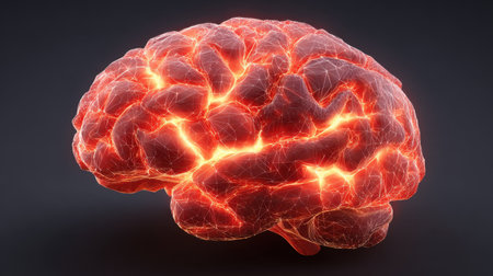 A striking 3D digital depiction of a glowing brain showcases electric neural connections against a dark background, emphasizing the power of the human mind.の素材