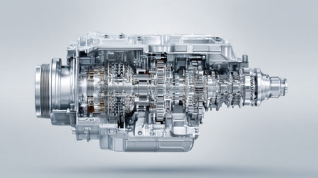 This image showcases an intricate cross-section of a modern engine component, highlighting the precise engineering and detailed design of mechanical elements.の素材