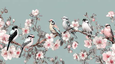 Beautiful illustration of birds perched on branches adorned with cherry blossoms, set against a soothing pastel background, perfect for decor.の素材