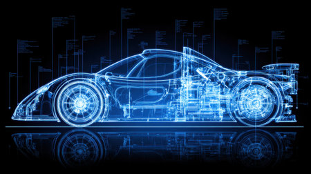 Explore a detailed blueprint of a high-performance vehicle showcasing its transparent design and intricate technical elements in a futuristic aesthetic.の素材