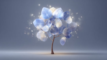 This enchanting image features a tree adorned with delicate blue leaves that emit a soft glow, creating a serene and magical atmosphere perfect for nature themes.の素材
