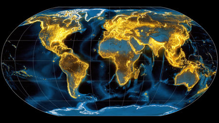 This striking global map showcases illuminated landmarks and water bodies, offering a dynamic view of Earth's geography. Perfect for educational, scientific, or artistic use.の素材