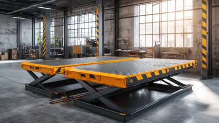 A detailed view of an industrial lifting platform featuring safety colors and modern design inside a spacious warehouse illuminated by natural light.の素材