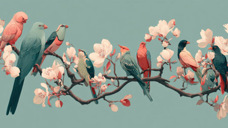 This enchanting illustration showcases a diverse array of birds perched gracefully on blooming branches, surrounded by soft pastel flowers. The serene colors create a peaceful atmosphere, making it perfect for nature lovers.の素材