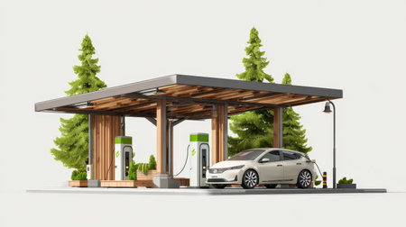 A modern electric vehicle charging station set amidst lush green pine trees. The minimalist design highlights sustainability, blending technology with nature in an eco-friendly setting.の素材