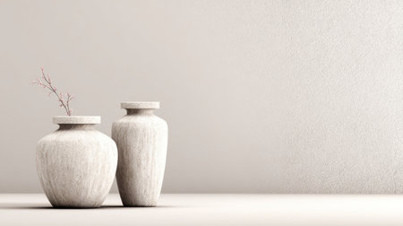This minimalist still life features two textured vases in neutral tones, complemented by a simple branch. The soft lighting enhances the serene atmosphere, making it ideal for contemporary decor.の素材