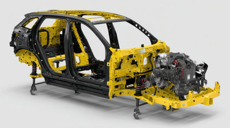 This image showcases a detailed view of a vehicle chassis structure, highlighting individual components essential for automotive engineering and design.の素材