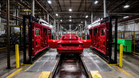 A vibrant red car with open doors stands amid a modern automotive manufacturing facility, showcasing the intricate process of vehicle production and assembly.の素材