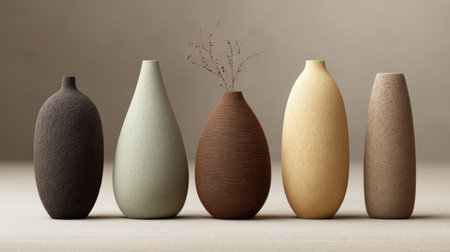 This image features a stunning arrangement of minimalist vases in various earthy tones. Each piece showcases unique shapes and textures, enhancing any interior space.の素材
