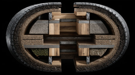 This image depicts a cross-section of a tire, highlighting various materials and textures. It offers a unique view into innovative design and engineering principles in automotive technology.の素材