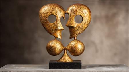 This captivating abstract sculpture features two intertwined faces crafted from striking gold material, symbolizing love and unity. Perfect for artistic decor.の素材