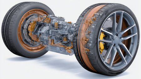 This image showcases a detailed cross-section view of an innovative electric vehicle wheel and motor assembly, highlighting advanced engineering and design elements.の素材