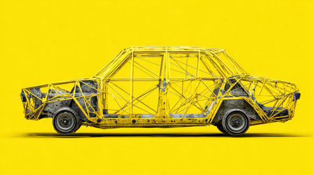 A striking visual of a car frame in bright yellow, showcasing an innovative design concept. Ideal for artistic presentations and automotive showcases.の素材