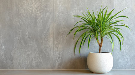 A vibrant green indoor plant in a sleek white pot enhances a minimalist space, set against a textured grey wall, creating a serene atmosphere for home decor.の素材