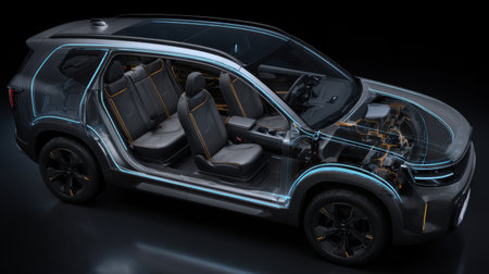 This image features a transparent view of a futuristic SUV interior, highlighting advanced technology, spacious seating, and modern design elements, perfect for automotive enthusiasts.の素材