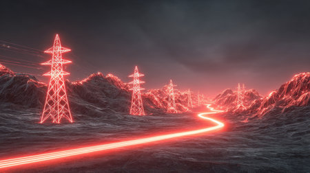 This captivating image features a futuristic landscape with glowing power towers surrounded by dark mountains. A bright, winding trail of electricity enhances the dramatic atmosphere, evoking themes of technology and energy.の素材
