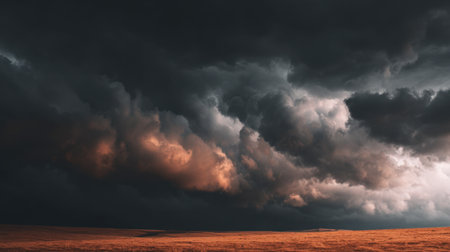 A stunning image capturing dark and dramatic clouds swirling above a golden horizon, creating a captivating contrast between light and shadow in nature, perfect for highlighting atmospheric moods.の素材