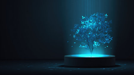 A stunning ethereal blue tree emanates tranquility, bathed in soft light within a minimalist setting, perfect for artistic or serene themes.の素材