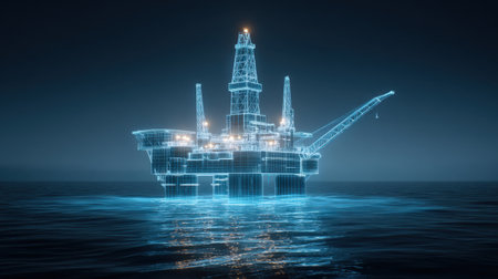 This image depicts a futuristic wireframe oil rig structure glowing blue in a serene ocean at night, symbolizing innovation in energy technology.の素材