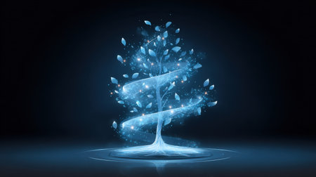 A stunning artistic representation of a glowing tree with sparkling blue leaves, radiating mystical light against a dark backdrop, creating a serene atmosphere.の素材