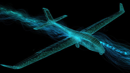 A striking representation of a wireframe aircraft showcasing modern aviation design and technology. The image illustrates dynamic motion and airflow, emphasizing innovation.の素材