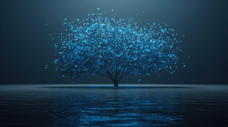 A mesmerizing image of a solitary tree enveloped by a swarm of blue butterflies, creating a surreal and tranquil scene reflected in calm water.の素材