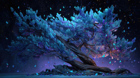 A breathtaking tree adorned with shimmering butterflies in a dreamlike night scene, radiating vibrant colors and a mystical atmosphere that captivates.の素材