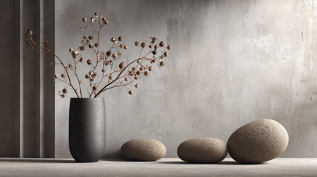 A serene and minimalist still life composition featuring a black vase with delicate flowers paired with smooth stones. Ideal for design and decor inspiration.の素材