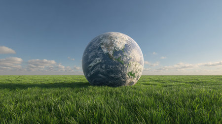A stunning visual of a large Earth globe resting in a field of vibrant green grass, capturing the essence of nature and beauty under a clear sky.の素材