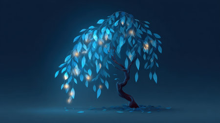 This abstract illustration features a willow tree with glowing blue leaves, set against a dark blue background, evoking a serene and magical atmosphere.の素材