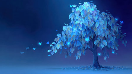 A captivating illustration of a tree with glowing blue leaves, surrounded by delicate butterflies in a serene twilight atmosphere, evoking a sense of magic and calm.の素材