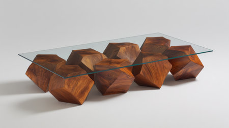This stunning coffee table features a unique geometric design with a glass top resting on beautifully crafted wooden bases, ideal for modern interiors.の素材