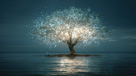 A captivating image of a mystical tree aglow with sparkling lights, standing majestically by the tranquil sea during twilight, embodying a serene and dreamlike atmosphere.の素材